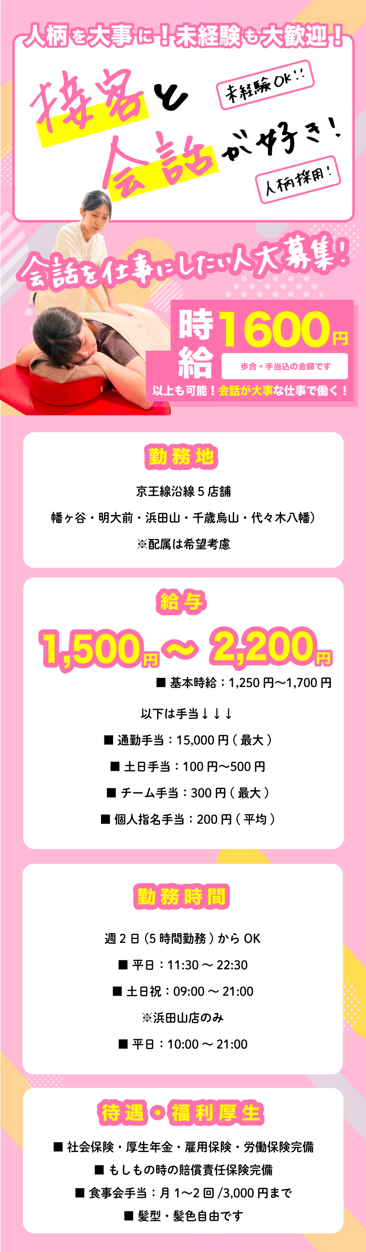 ■ 勤務時間 ■ 週2日〜OK（1日5時間〜勤務可能） 【通常店舗】 ■ 平日：11:30～22:30 ■ 土日祝：09:00～21:00 【浜田山店のみ】 ■ 平日：10:00～21:00 ■ 給与 ■ 時給：1,250円〜1,700円 ※歩合・手当込みで最大2,200円以上も可能 ■ 各種手当 ■ 通勤手当：15,000円（最大） ■ 土日手当：100円〜500円 ■ チーム手当：300円（最大） ■ 個人指名手当：200円（平均） ■ 勤務地 京王線沿線5店舗 （幡ヶ谷・明大前・浜田山・千歳烏山・代々木八幡） ※配属は希望考慮 ■ 待遇・福利厚生 ■ 社会保険・厚生年金・雇用保険・労働保険完備 ■ もしもの時の賠償責任保険完備 ■ 食事会手当：月1〜2回 / 3,000円まで ■ 髪型・髪色自由 ■ メッセージ 会話が大事な仕事で働く。 未経験でも大歓迎。 人柄を大切にしています。