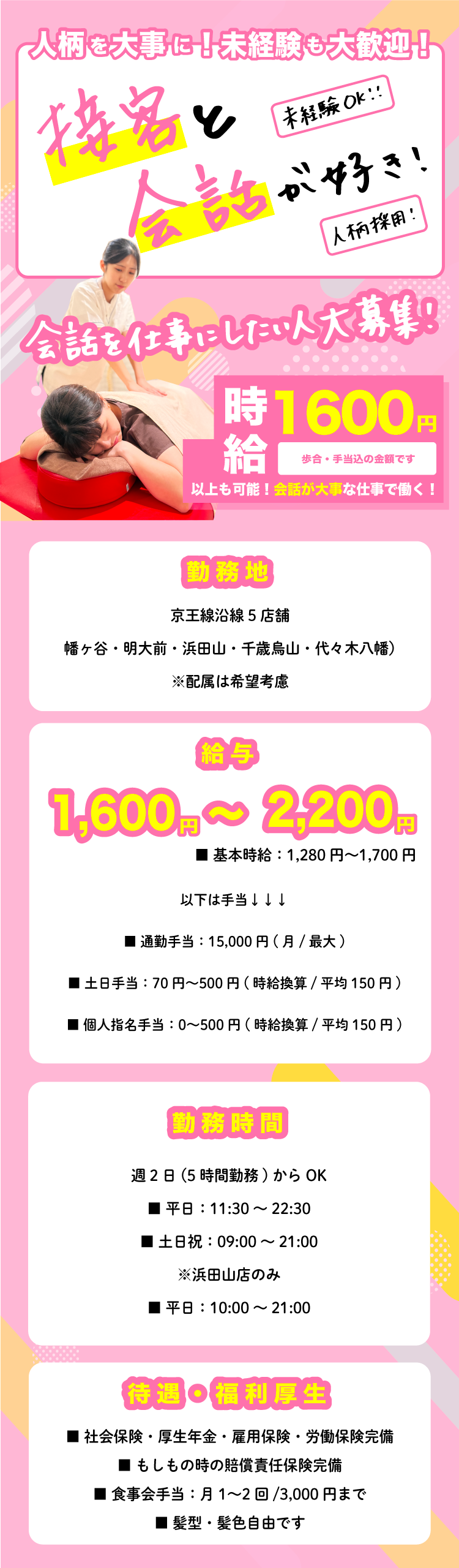 人柄を大事に！未経験も大歓迎！ 接客と会話が好き！ 未経験OK!! 人柄採用！ 会話を仕事にしたい人大募集！ 時給1,600円 歩合・手当込の金額です 以上も可能！会話が大事な仕事で働く！ 勤務地 京王線沿線5店舗 幡ヶ谷・明大前・浜田山・千歳烏山・代々木八幡 ※配属は希望考慮 給与 1,600円～2,200円 ■ 基本時給：1,280円～1,700円 以下は手当↓↓↓ ■ 通勤手当：15,000円（月／最大） ■ 土日手当：70円～500円（時給換算／平均150円） ■ 個人指名手当：0～500円（時給換算／平均150円） 勤務時間 週2日（5時間勤務）からOK ■ 平日：11:30～22:30 ■ 土日祝：09:00～21:00 ※浜田山店のみ ■ 平日：10:00～21:00 待遇・福利厚生 ■ 社会保険・厚生年金・雇用保険・労働保険完備 ■ もしもの時の賠償責任保険完備 ■ 食事会手当：月1～2回／3,000円まで ■ 髪型・髪色自由です